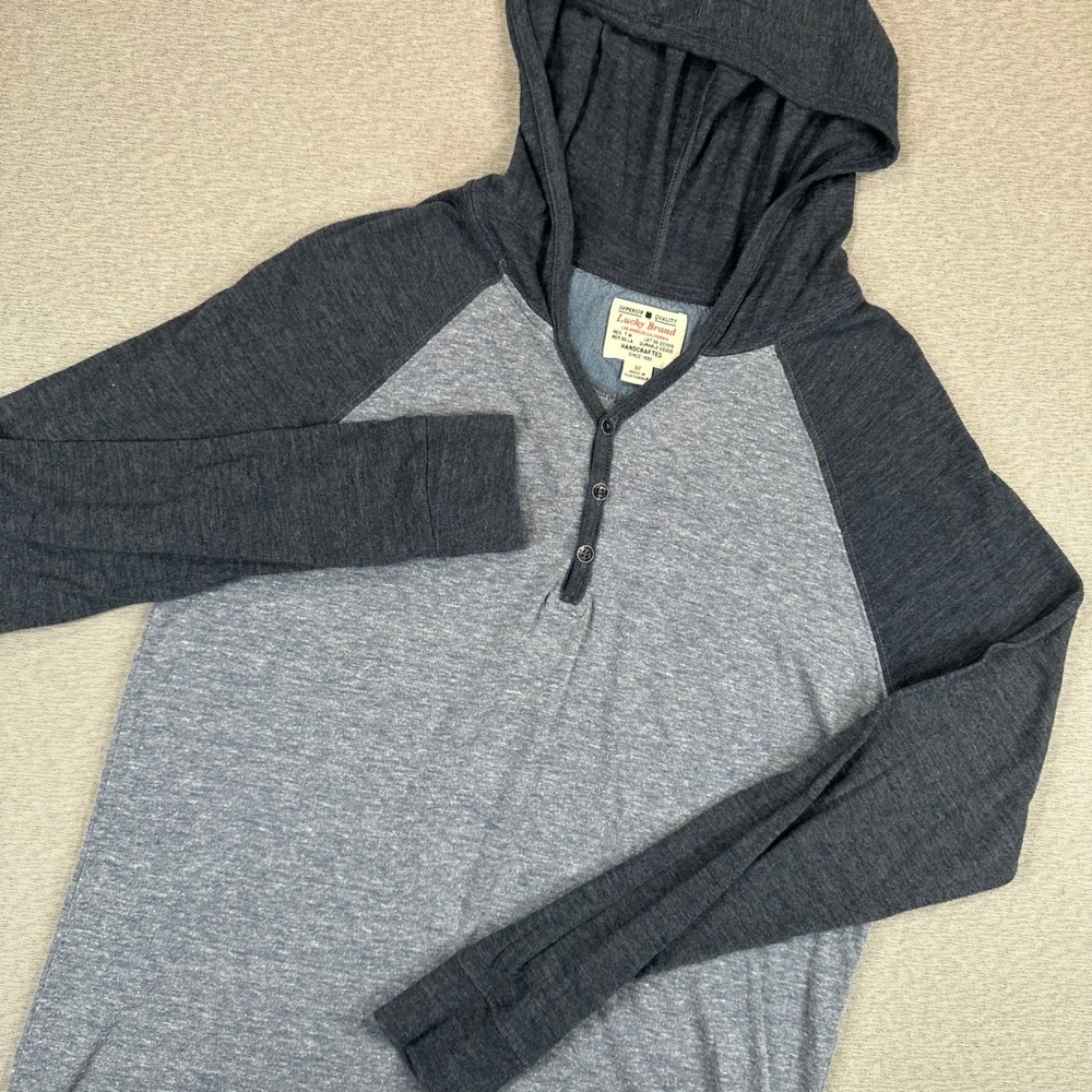 Lucky Brand Henley Shirt Mens Medium‎ Blue Heather Raglan Hooded Long Sleeve
